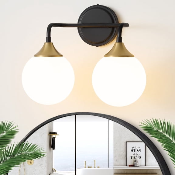 Deyidn 2-Light Black and Gold Modern Vanity Light, 14 Inch Dimmable Bathroom Light Fixture with Opal Glass Globes for Mirror