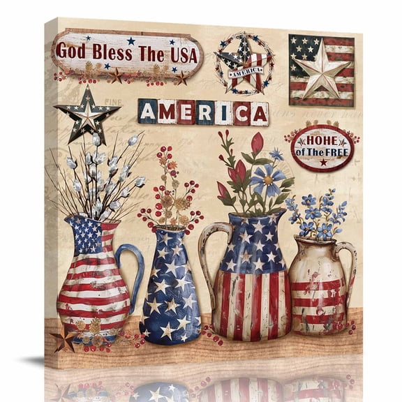Canvas Print Wall Art Oil Paintings 4th of July Star and Stripe Flower Picture Prints Artwork for Living Room Kitchen Bathroom Bedroom,Stretched and Framed Ready to Hang,Retro Farm Vase Wooden Plank