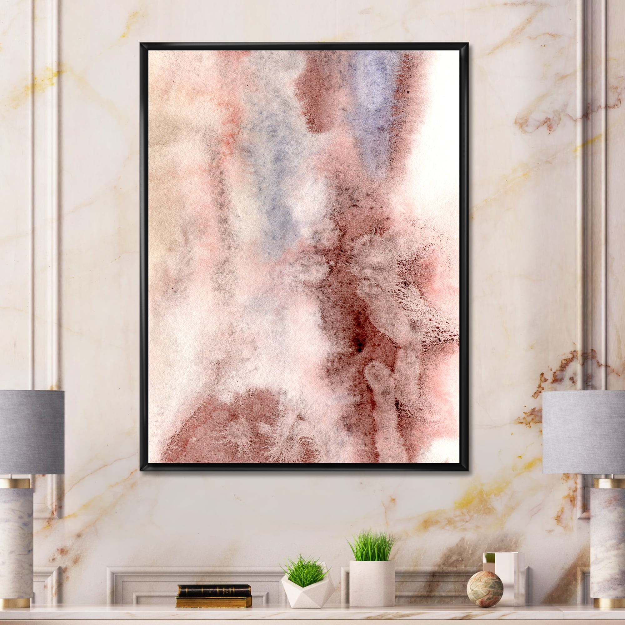 Designart 'Pastel Abstract With Pink Blue and Dark Red Spots' Modern Framed Canvas Wall Art Print