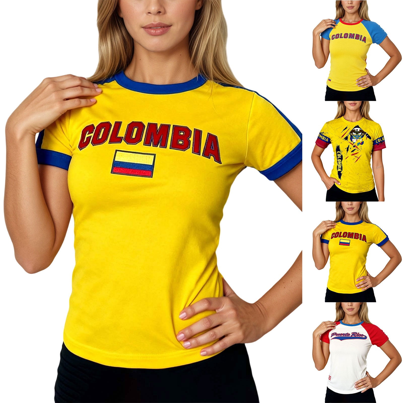 Women's Y2K Colombia Crop T Shirts Short Sleeve Crew Neck Tops Colombian Print Tees for Football Race and Streetwear