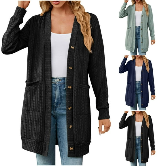 Lovskoo Long Cardigan Sweaters for Women Open Front Snap Button Knit Ribbed Cardigans Outfits Green