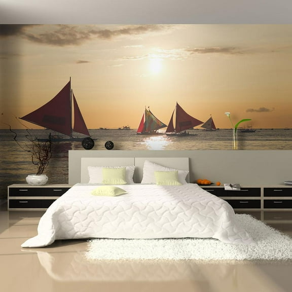 Tiptophomedecor Landscape Wallpaper Wall Mural - Sailing Boats - Sunset