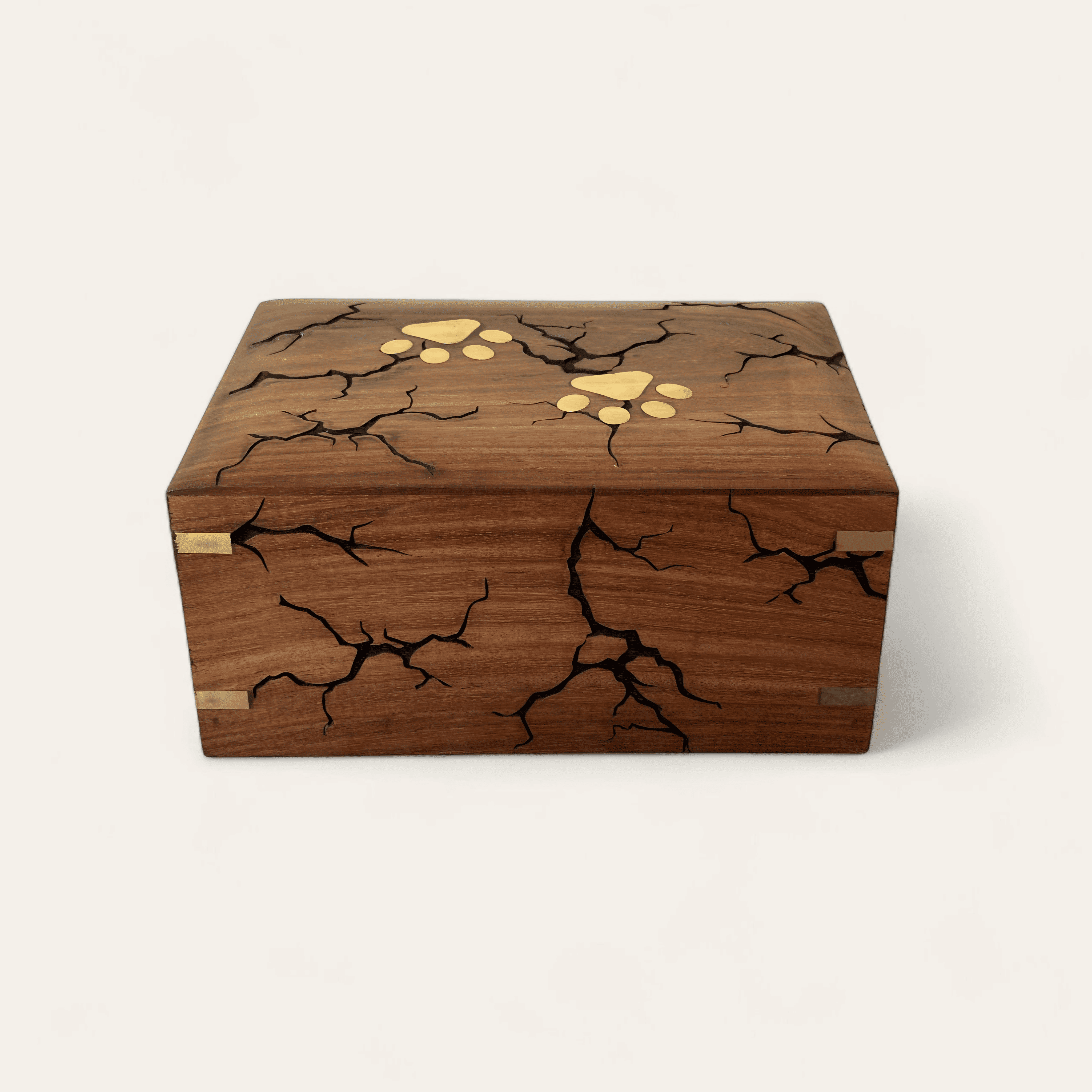 Personalized Cremation Urns for Dog Ashes - Handmade Wooden Pet Urn with Paw Print Inlay – Premium Cracked Wood Design with Brass Accents