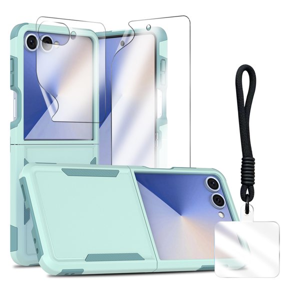 Allytecgroup Rugged Samsung Galaxy Z Flip 7 Case with Screen Protector, Full Body Protective Anti-Scratch Phone Case for Samsung Galaxy Z Flip 7 Cover with Detachable Hand Strap, Mint
