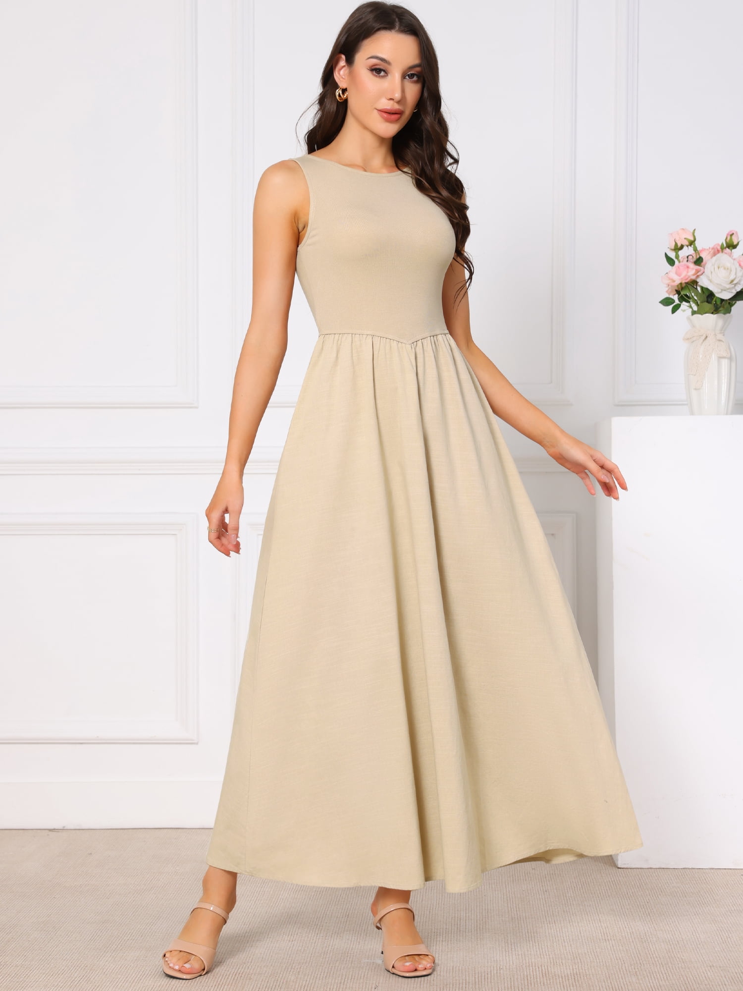 DARING DIVA Women's Sleeveless Maxi Patch Crew Neck Stretchy Tank Dress L Beige