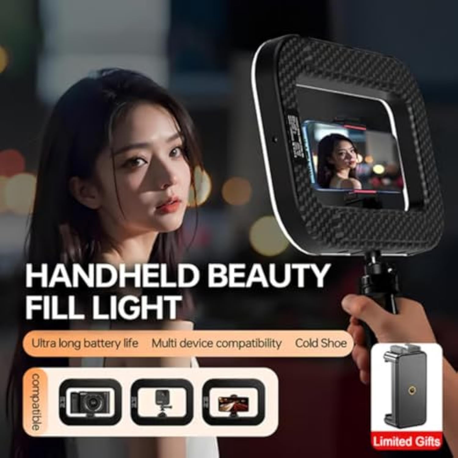 Rechargeable Selfie Portable Ring Light – Adjustable Bicolor Fill Light, Cordless Square Design, LED Ring Light, 4400mah Built-in Battery with 85in Extendable Tripod Stand & Phone Holder (Base)