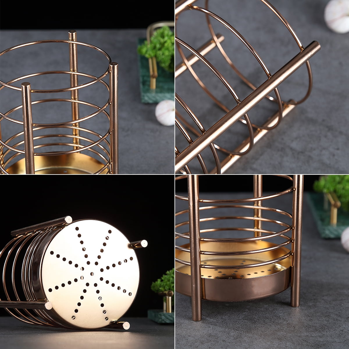 Just Houseware Rose Gold Stainless Steel Utensil Holder, Cooking Utensil Organizer with Drain Holes, Extra Large Kitchen Utensil Holders for Countertop