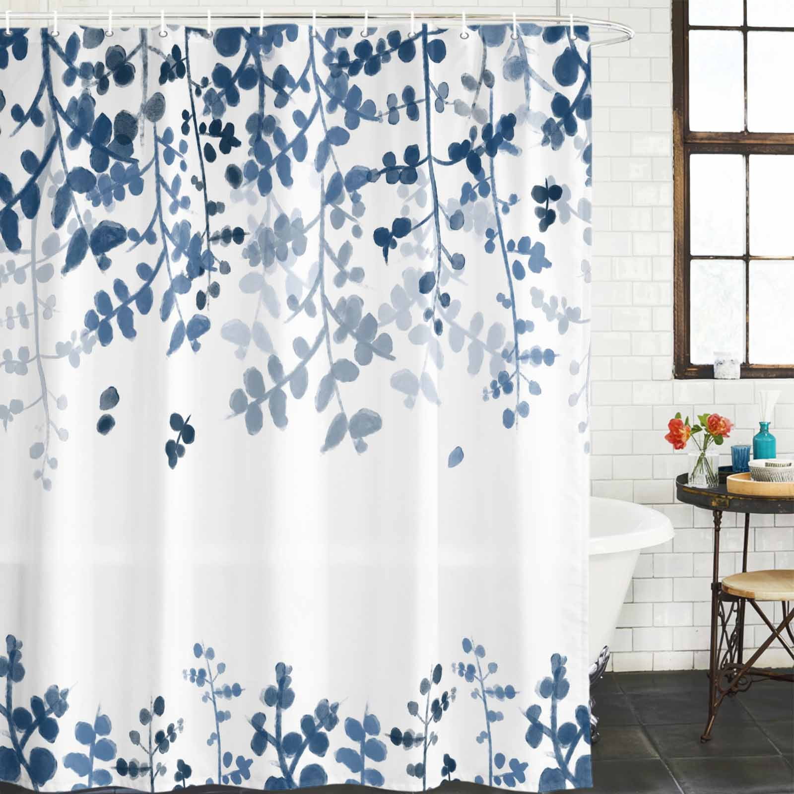 Blue Leaves Shower Curtain, Waterproof Shower Curtains for Bathroom, Summer Botanical Washable Fabric Bathtub Curtain Set Bath Decor with 12 Hooks Long 72"x84"