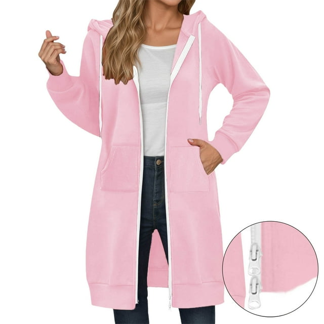 Women's Hoodies & Sweatshirts Long Zipper Hooded Sweatshirt for Autumn and Winter Sports Jacket Extra Large Solid Color Design