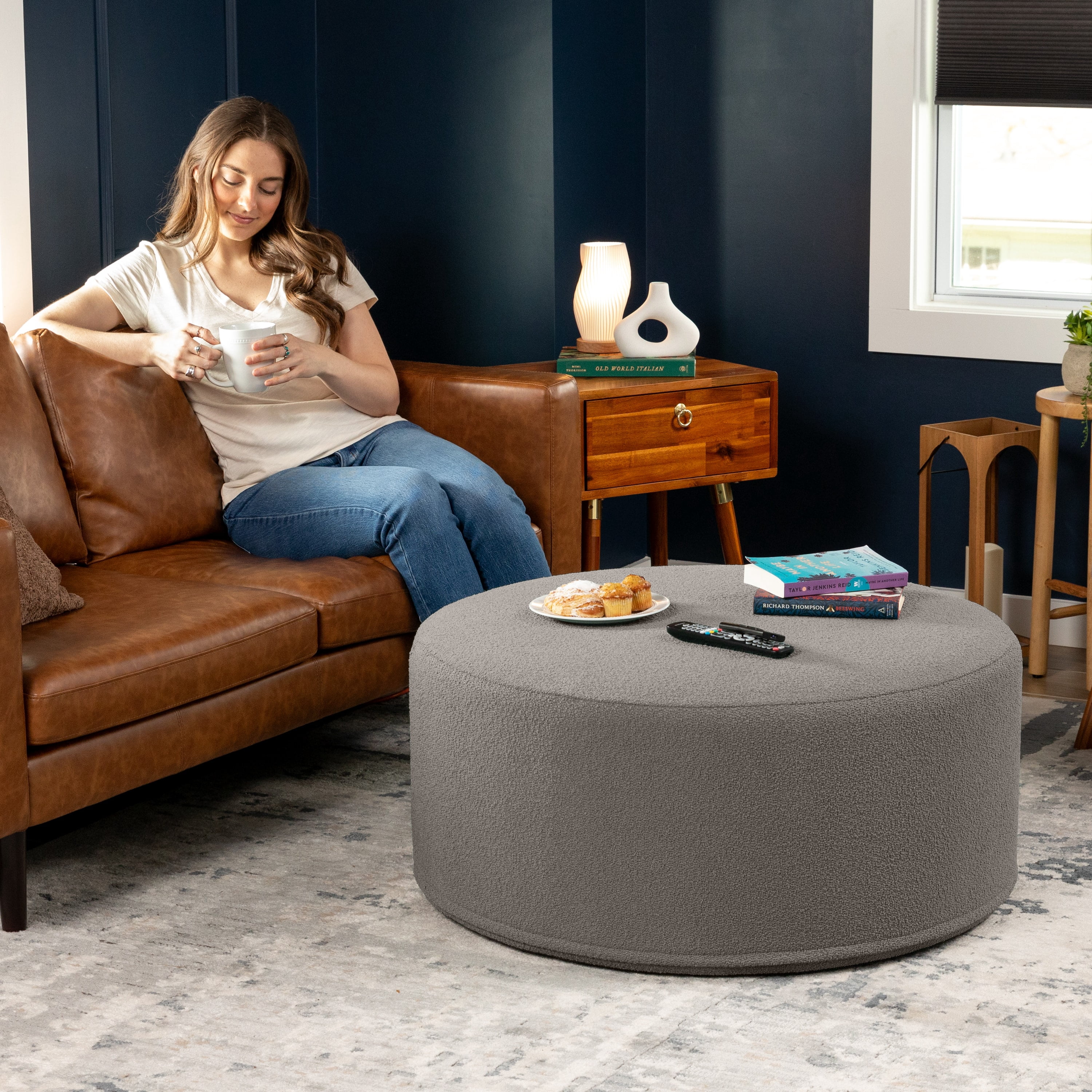 Jaxx Candler Round Coffee Table Ottoman, Large, 36-Inch, Boucle Dark Grey