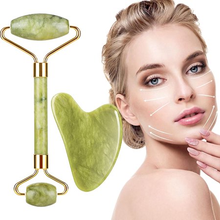 Asge Gua Sha and Face Roller Set 100% Real Natural Jade Roller and Gua Sha Facial Tools Skin Care Relieve Muscle Tensions Reduce Puffiness for Face Neck Body (Green)