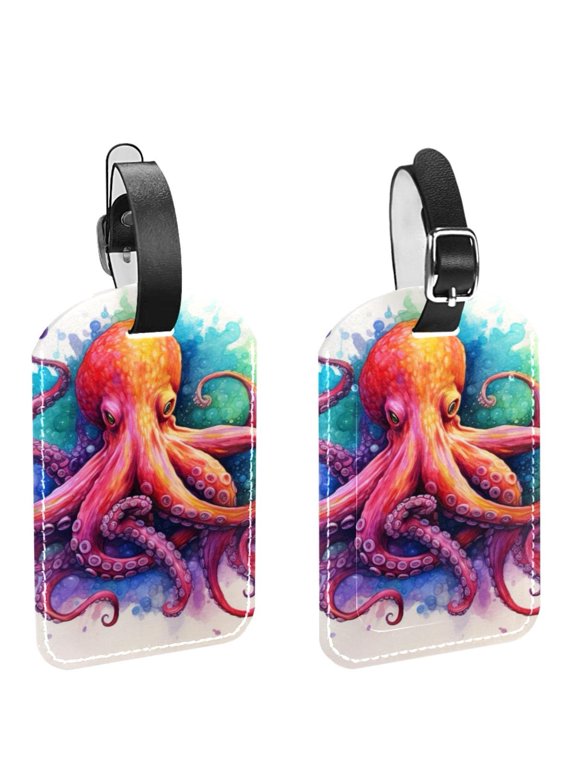 Square 2Pack PU Leather Octopus Cruise Luggage Tag with Privacy Cover and Name ID Tag for Travel Handbags Backpacks Luggage Tags