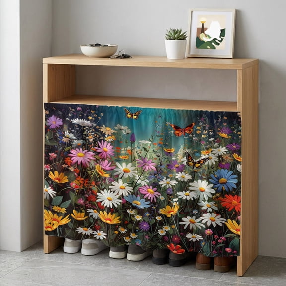 Spring Floral Cabinet Curtain 35"Wx35"L,Dustproof Under Sink Skirt W/ Self Adhesive Tape,Colorful Daisy Summer Botanical Butterfly Cabinet Curtain Cover for Kitchen Sink,Bathroom Vanity,Laundry Room