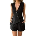 thumbnail image 3 of Women's Linen Shorts Set with Button Down Shirt Vest 2-Piece Summer Vacation Outfit Black L, 3 of 6