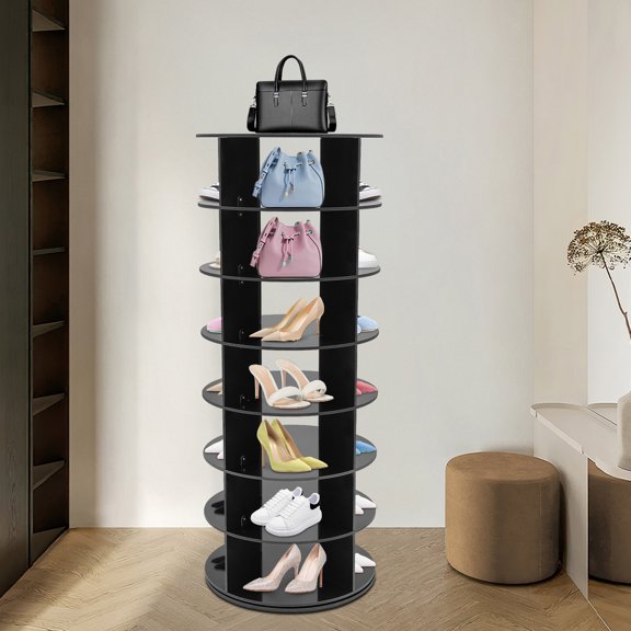 Black Lazy Susan Shoe Rack - 7-Tier Rotating Display (4 Slots per Shelf)