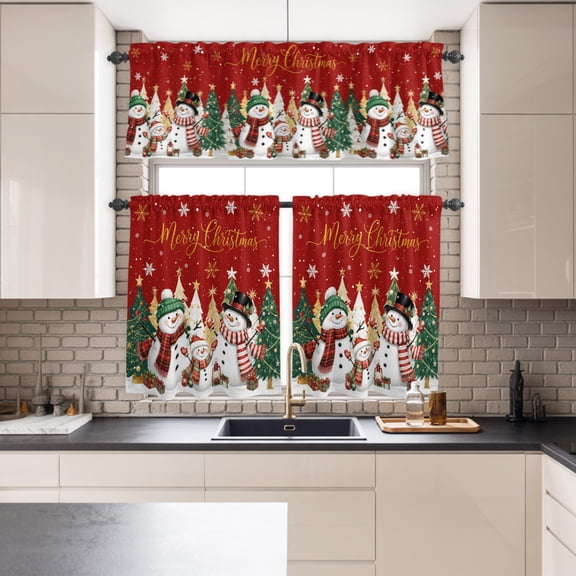 Kitchen Window Curtains Valance and Tier Set, Merry Christmas Tree Snowman Rod Pocket Tier Curtains and Valance 3 Piece Set, Winter Snowflake Red Window Treatment for Bedroom Living Room
