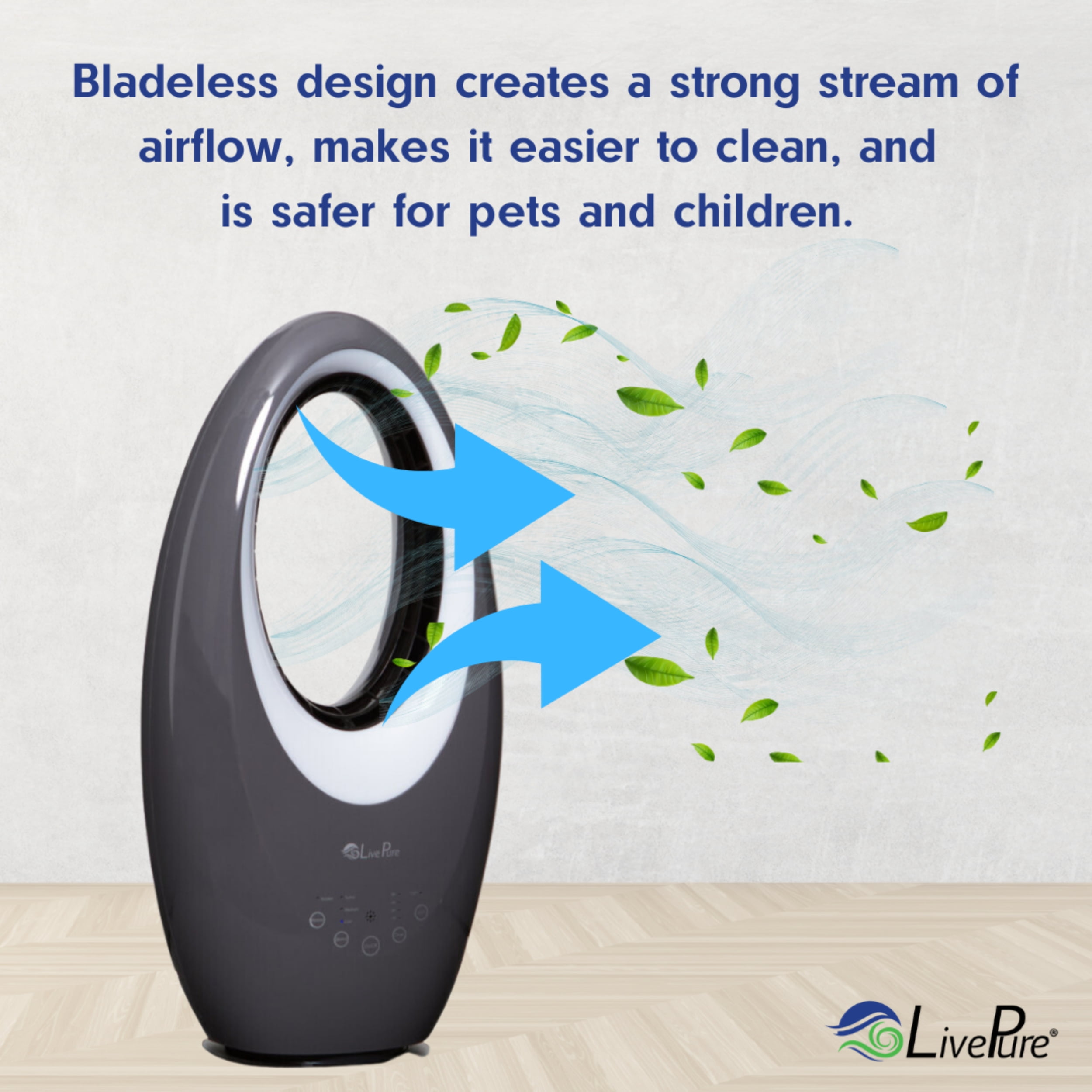 LivePure Bladeless Oscillating Fan w/Filter and Aroma Tray. 3-Speed Adjustment, Touch Control, Quiet Cooling, Stand Up Fan for Bedroom, Office, Kitchen, Black