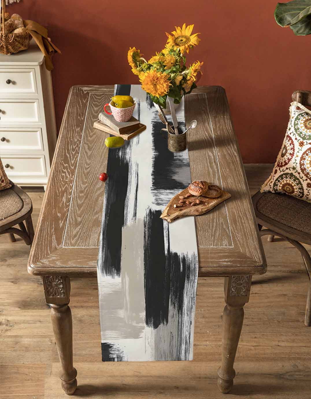 Hokiten Table Runners 108 Inches Long Dress Scarves, Black White Farmhouse Coffee/Dining/Kitchen Table Runner for Living Room, Modern Oil Painting Abstract Artwork 13x108 Inch