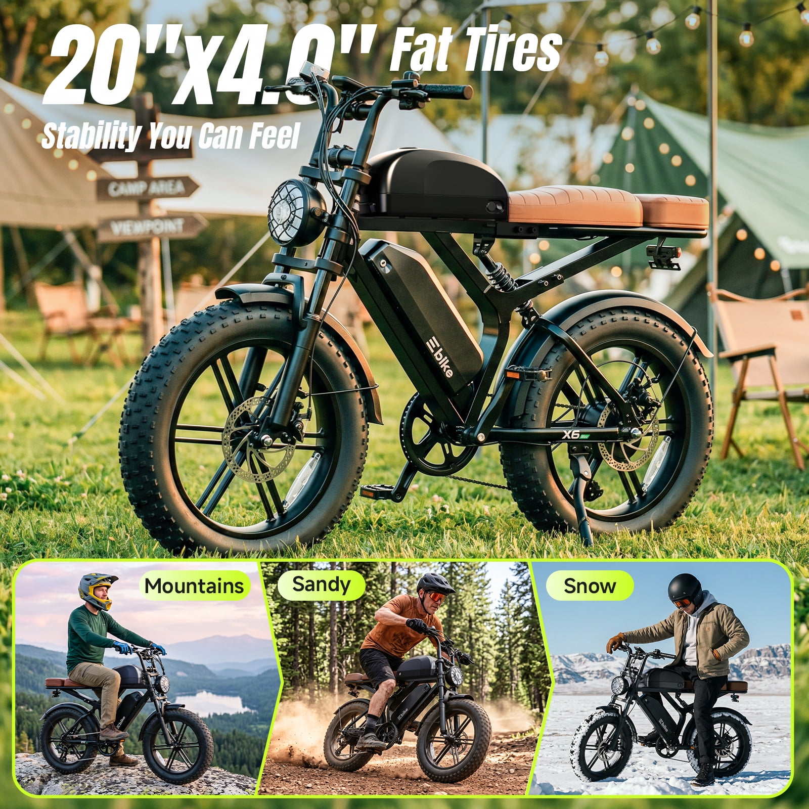 SISIGAD Electric Bike for Adults, 750W Motor 100 Miles Range Ebike with 48V 30Ah Dual Battery, 20"x4.0" Fat Tire E Mountain Bike for Age 16+, UL2849