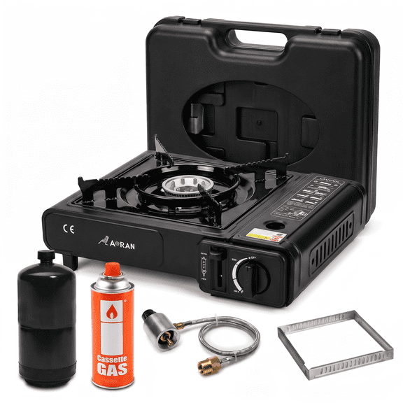Propane or Butane Stove with Windblocker,Dual Fuel Propane Stove for Camping, Automatic Ignition Gas Portable Stove with Propane Adapter Hose Carrying Case for Outdoor (Fuel Not Included)