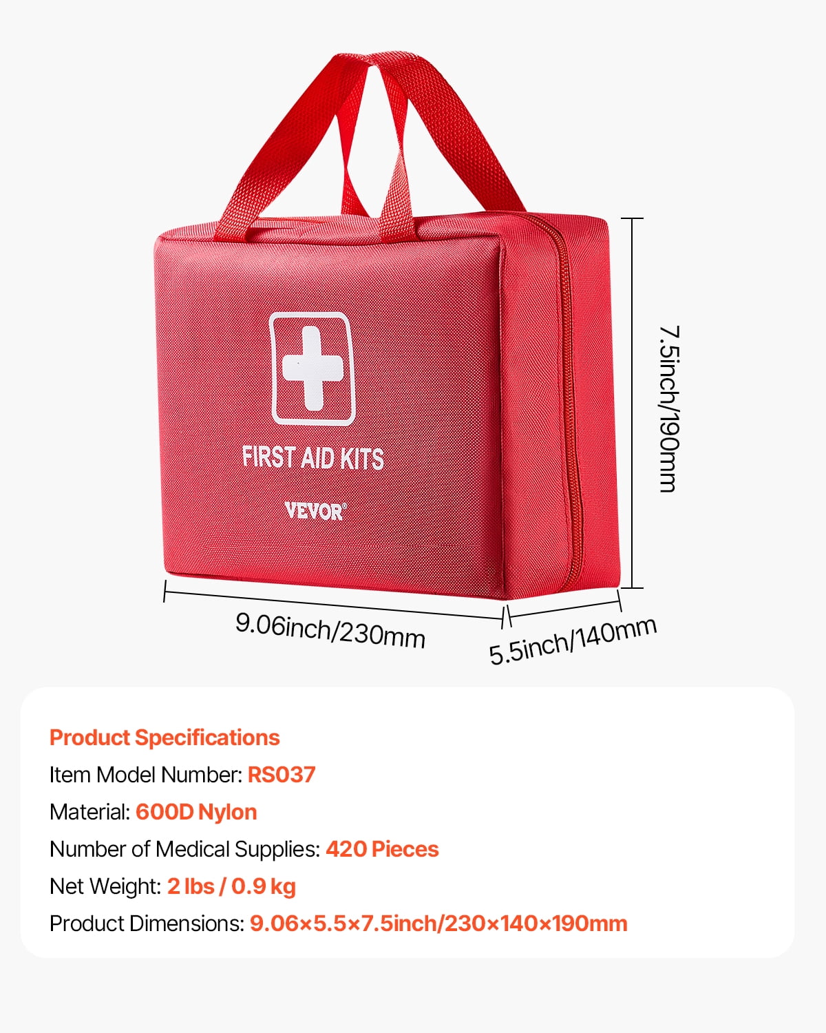 VEVOR First Aid Kit, 420 Pieces, 600D Nylon Large Survival First Aid Bag, Emergency Medical Supplies, for Home, Car, Office, Travel, Camping, Truck, Hiking, Sports, Vehicle and Outdoor Emergencies