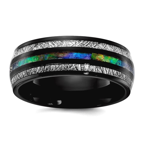 Stainless Steel Polished Black Ip With Abalone Imit. Meteorite 8mm Band Size 11.5 Ring for Women and Men