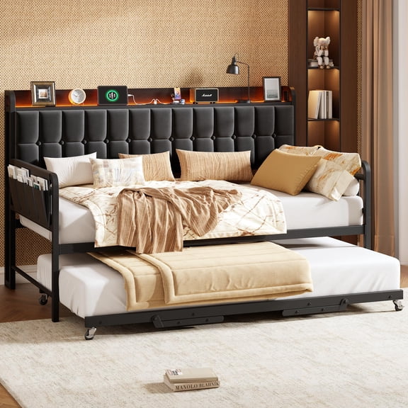Panapinka Twin Daybed with Trundle, LED Light and Charging Station, Upholstered Sofa Bed with Storage Headboard and Heavy-Duty Metal Slats for Bedroom, Guest Room or Living Room