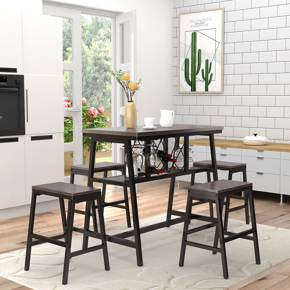 Kepooman 5 Piece Counter-Height Table Set with Wine Rack and Glass Holder, Dark Brown Kepooman 5 Piece Counter-Height Table Set with Wine Rack and Glass Holder, Dark Brown
