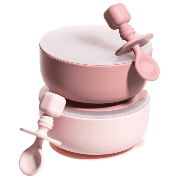 Sperric Silicone Baby Feeding Set - Infant Suction Bowls with Lids and Spoons | BPA Free Toddler Self Feeding Utensils for 0-6 Months, Pink