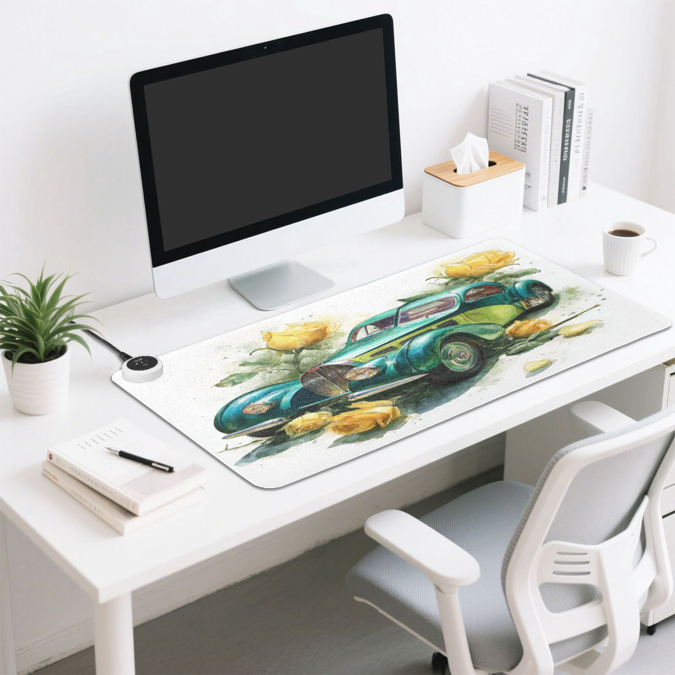 Large Heated Desk Mat Mouse Pad 31.5"x13"PU Leather Graphene Heating Desk Warmer with 3 Temperature Settings 110V US Plug Non-Slip Warm Pad for Home, Office, and Gaming Vintage Bugatti Yellow Roses