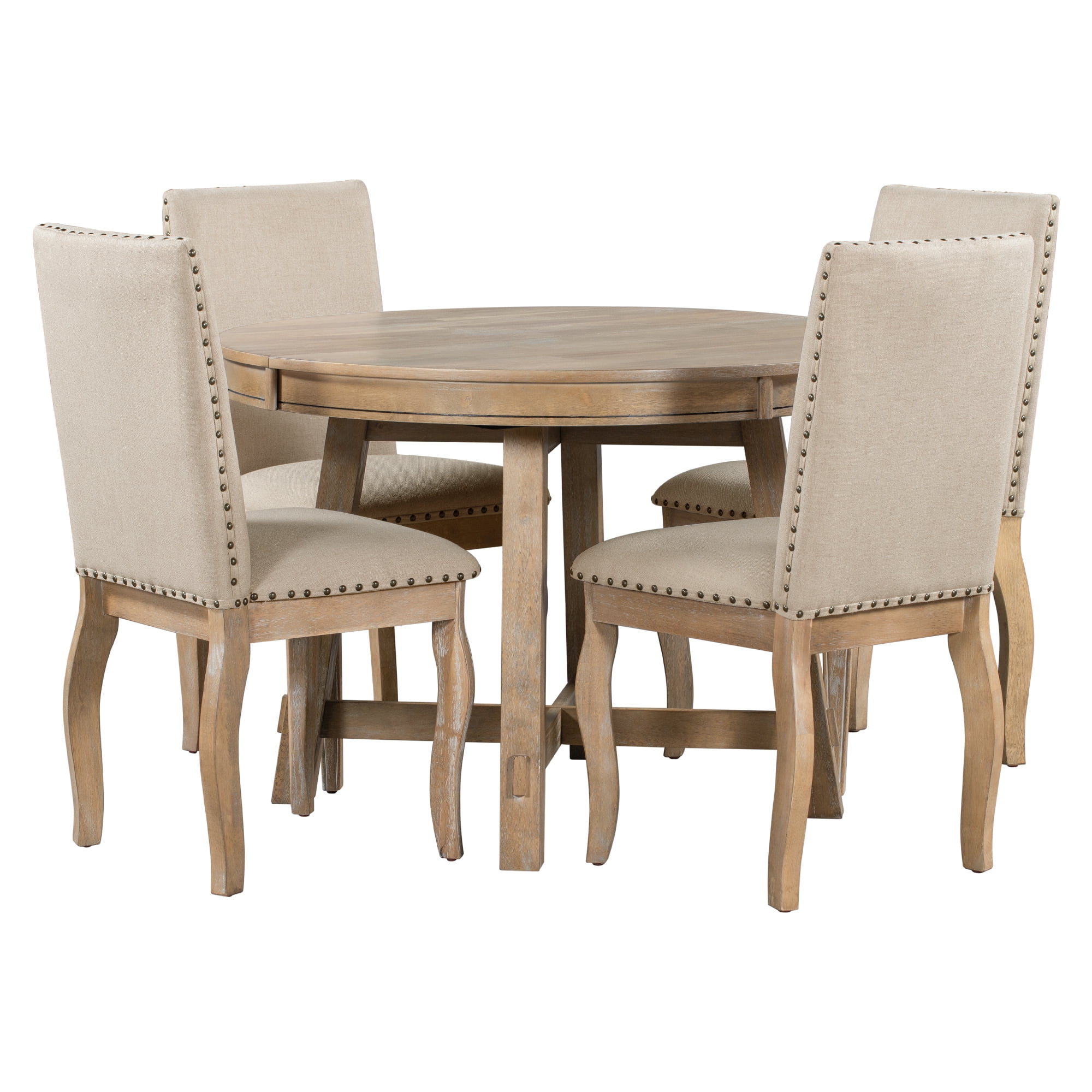 EUROCO 5-Piece Farmhouse Dining Table Set,Extendable Round Kitchen Table Set with 4 Upholstered Chairs for Dining Room, Small Space,Natural