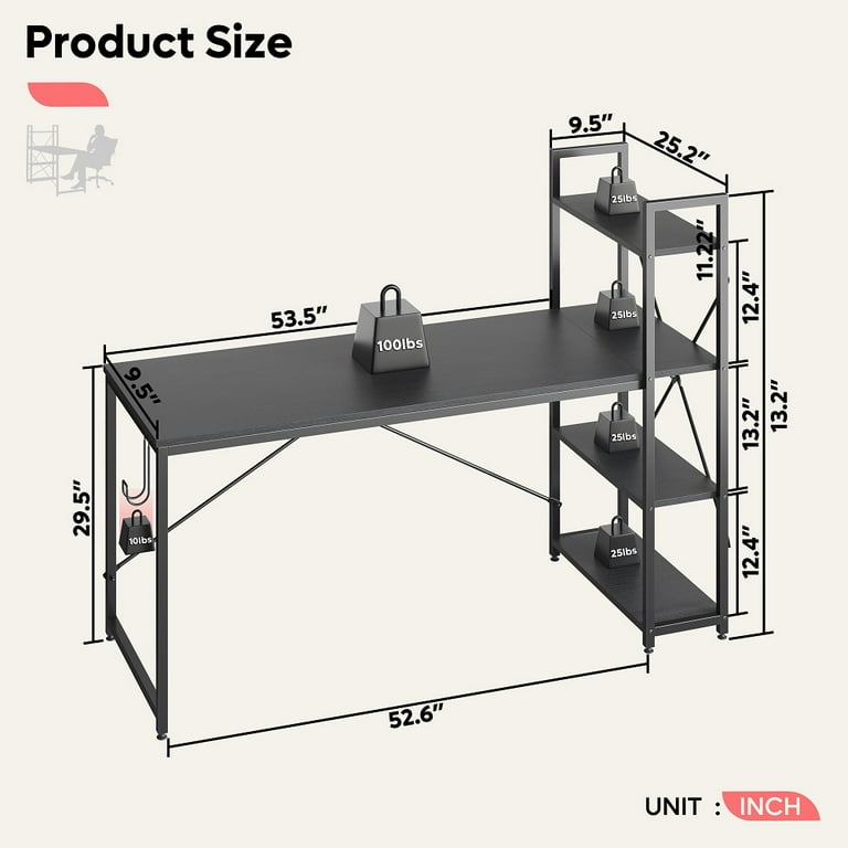 Bestier 63 inch Computer Desk with Storage Shelves Modern Bookshelf Desk with Headphone Hook Black