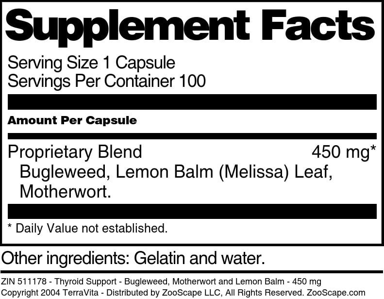TerraVita Thyroid Support - Bugleweed, Motherwort and Lemon Balm - 450 mg,  (100 Capsules, 1-Pack, Zin: 511178)