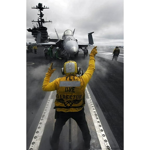 Iconic Arts Laminated 24x37 inches Poster: Aircraft Carrier Jet Fighter Flight Chief Deck Ship Sea Ocean Water Military Us Navy Sky Clouds Outside