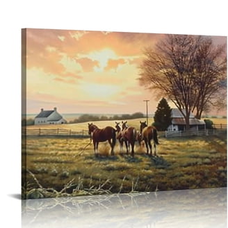 Tableau Toile Cheval Et Chien Ferme - Art Mural Rustique, Encadré, Prêt à Accrocher