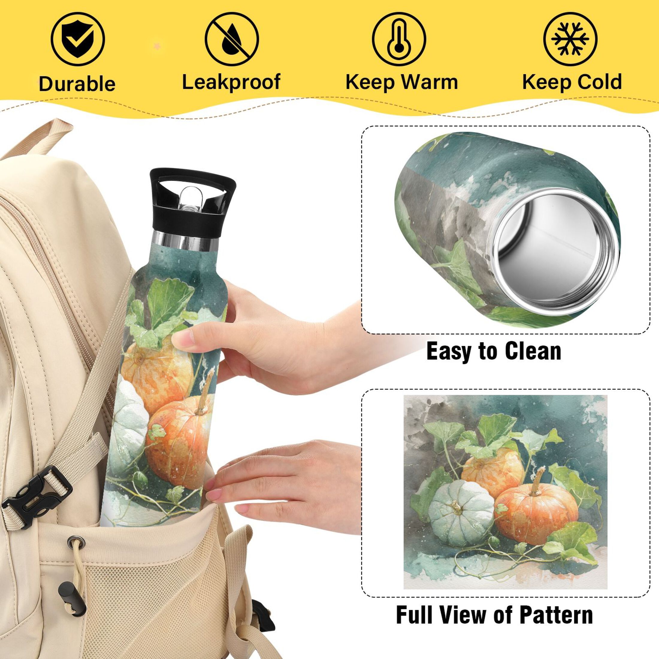 Kids Insulated Stainless Steel Sports Water Bottle 600ml (20oz) Orange and White Pumpkins