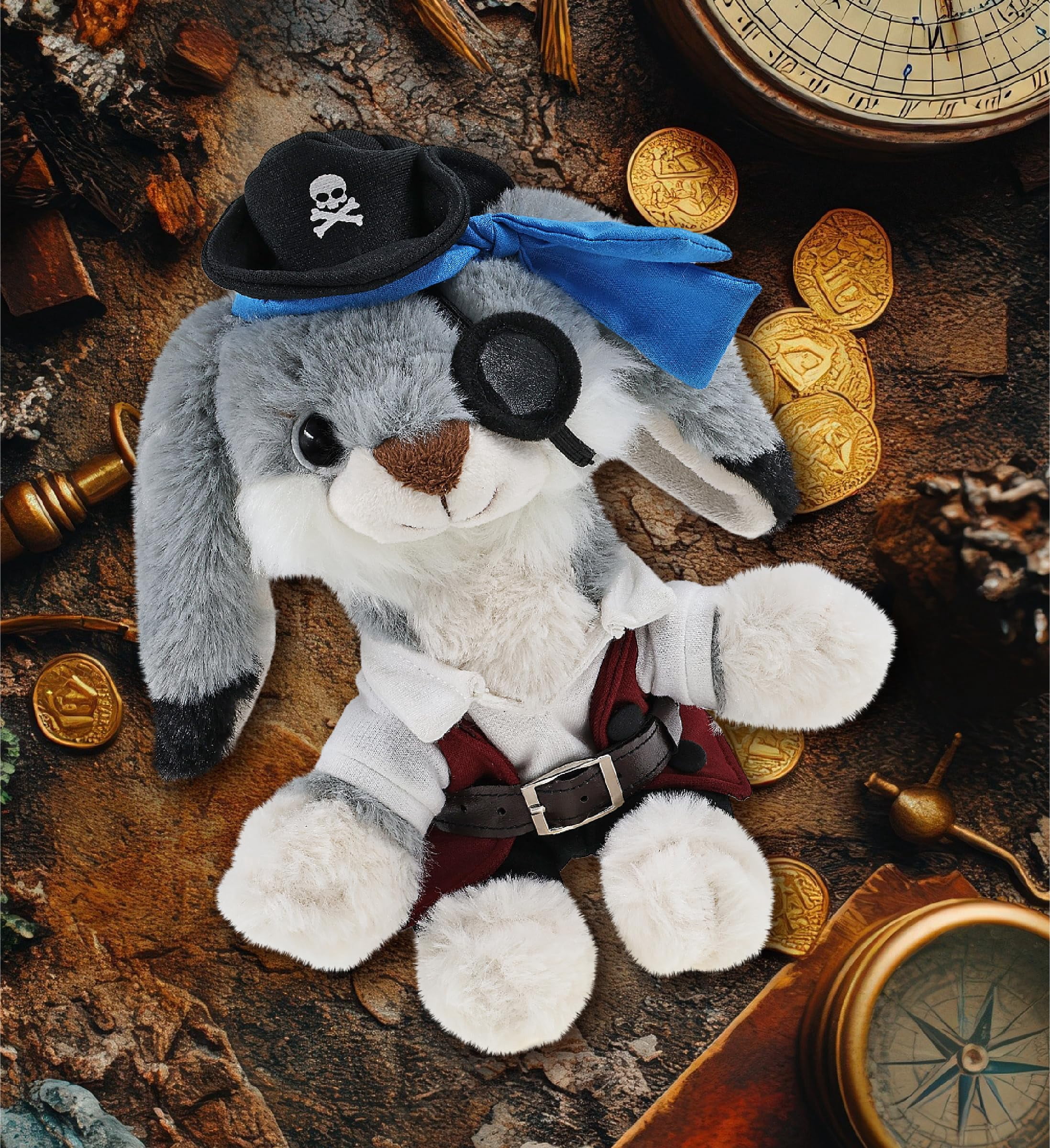 DolliBu Grey Rabbit Stuffed Animal With Pirate Dress Up Set - Sea Adventure Plush Toy Stuffed rabbit with Cute Pirate Costume - Hat, Shirt, Pants, Eye Patch, Belt - 7 Inches