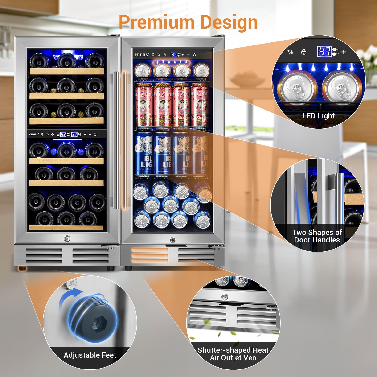 Nipus 15"+15" Wine and Beverage Refrigerator, 30 Bottles Dual Zone Wine Fridge and 130 Cans Beverage Fridge Cooler for Kitchen Office