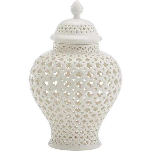 Light Luxury Ceramic Ginger Jar Display Lattice Hollow Vase Temple Jar Storage Jars Handicraft Ornaments for Desktop Office Gift Decoration, White
