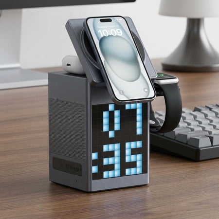 15W 5-in-1 Magnetic Wireless Fast Charging Dock: Multi-Device Charging Station with Alarm Clock, Wireless Speaker, Pixel Display for iPhone/Android