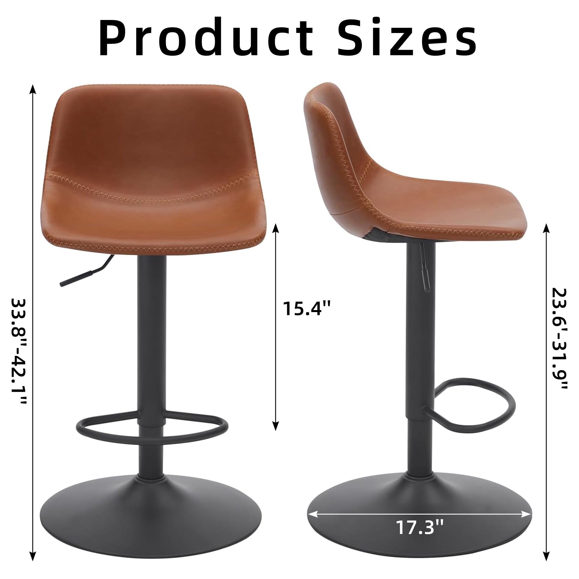MAYEERTY 2-Set Whiskey Brown Modern Swivel Bar Stools with Back Support for Kitchen Island, Adjustable Height