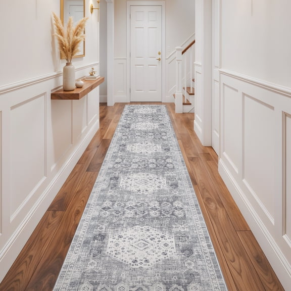 RUUGME 3x14 Washable Runner Rug - Vintage Hallway Runner Rugs Non Slip Stain Resistant Rug for Kitchen Bedroom Laundry Room Distressed Floor Decor Mat Carpet Runner for Living Room 3x14 Grey