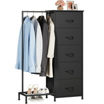 Eunos Nightstand with 5 Fabric Drawers and Hanging Rack for Bedroom Living Room, Wood Grain Print