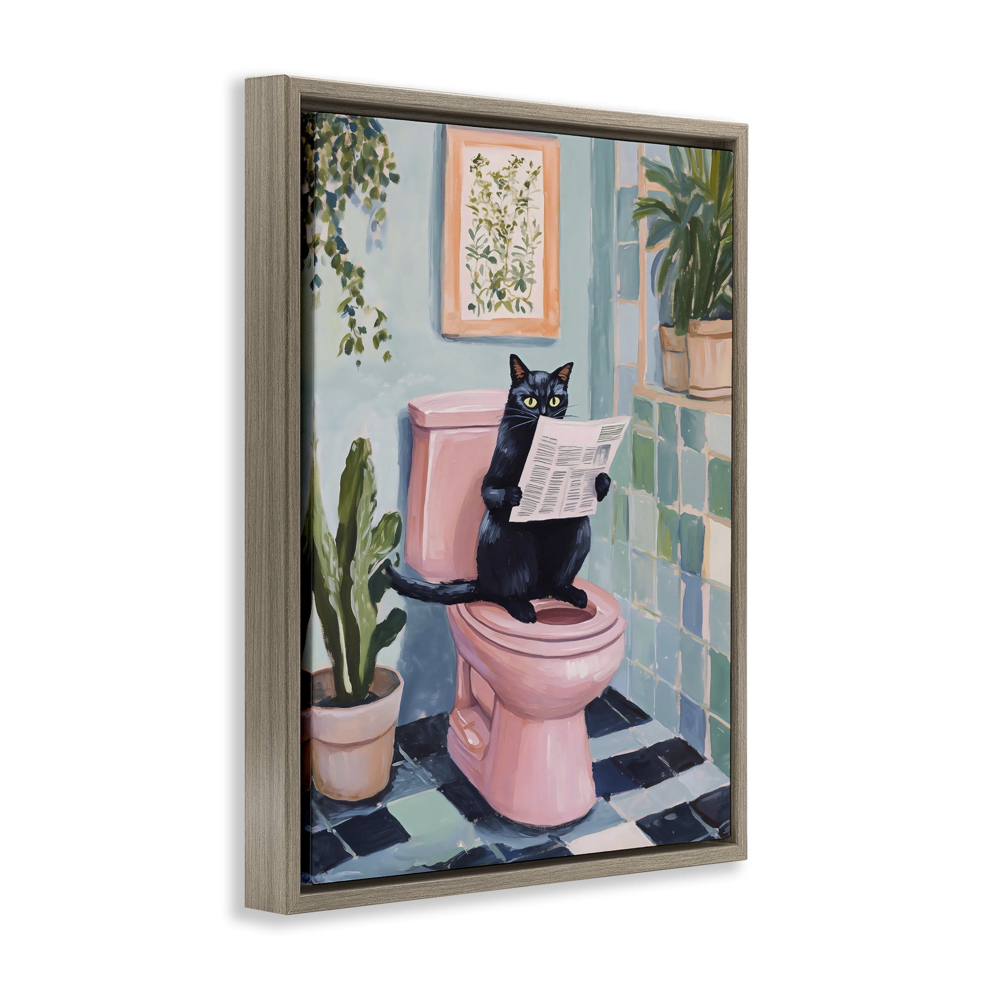 Stupell Industries Cat Reading on Pink Toilet Brown Framed Floater Canvas Wall Art, design by The Prints Vibe