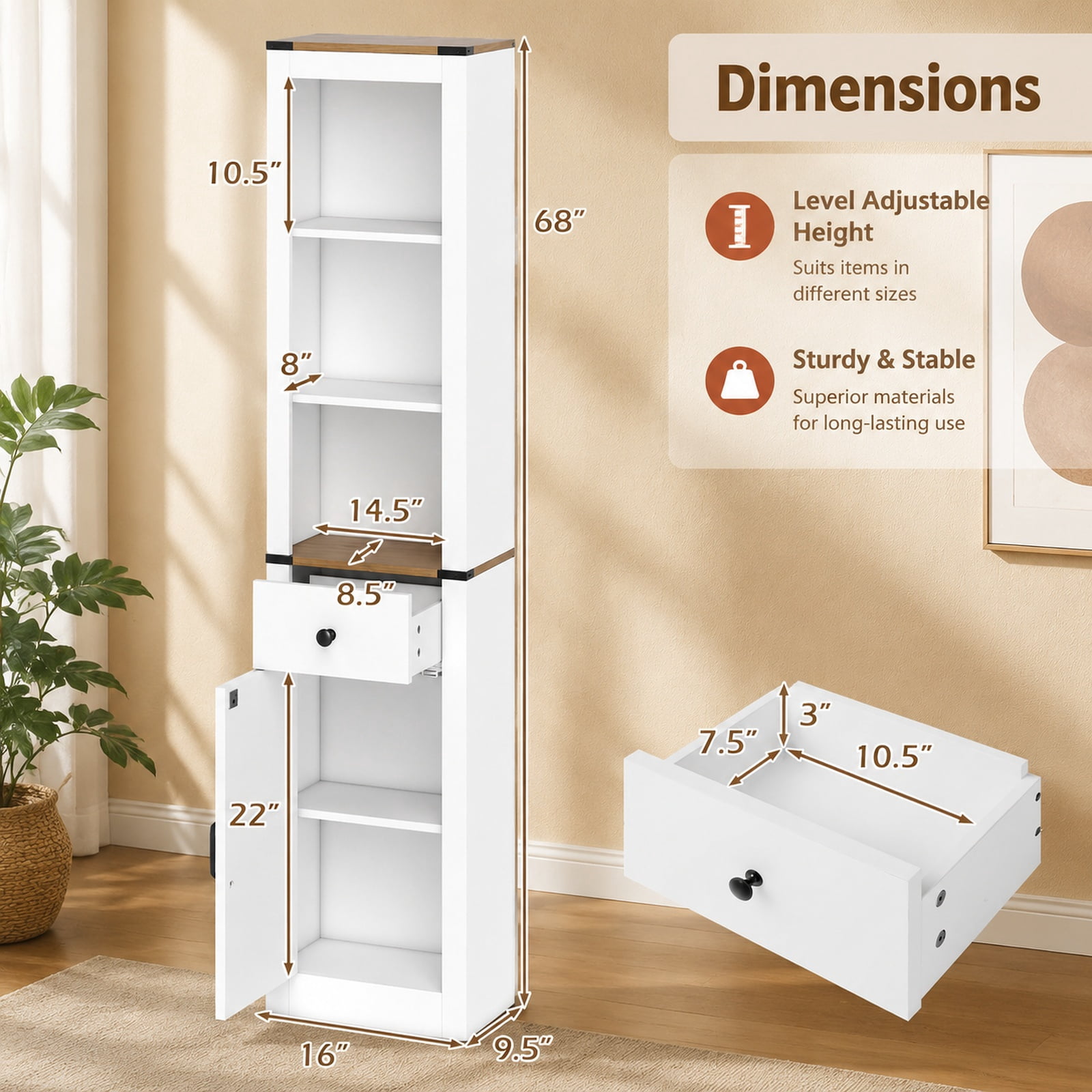 Vebreda Freestanding Bathroom Storage Cabinet, 68 inch Tall Bathroom Cabinet with Barn Door Narrow Slim Storage Organizer Unit with Drawer