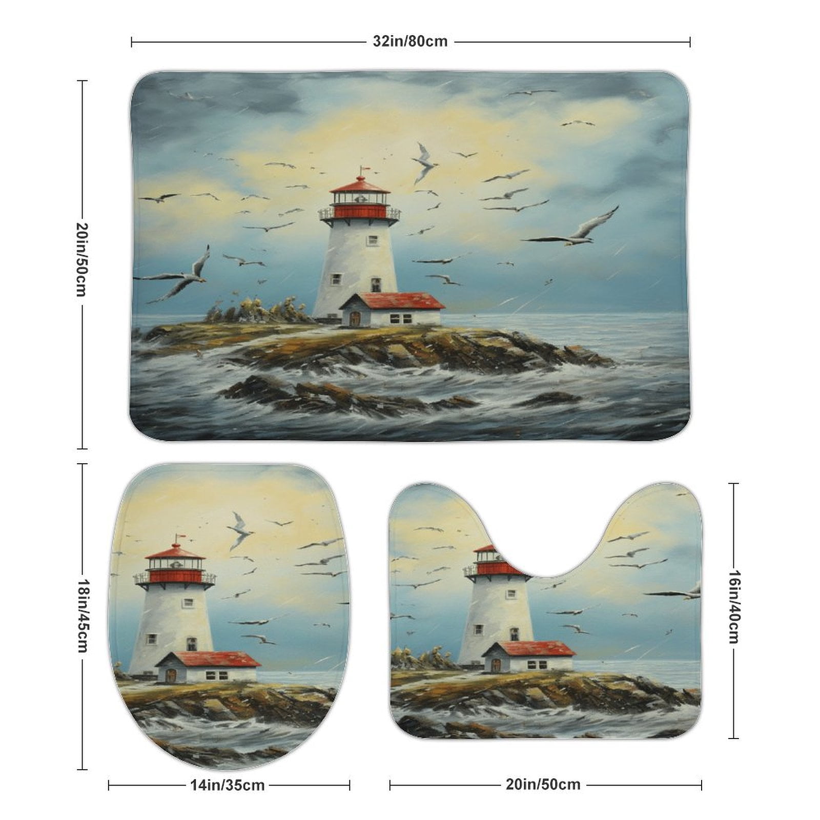 Lighthouse Coast Scenery 3 Piece Bath Rugs Mat Set, Flannel Mats, Machine Washable Carpets Mat for Bathroom Kitchen, Tub Toilet Contour Mat Lid Cover