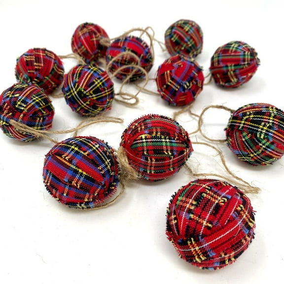 Set of 12 Red Tartan Plaid Homespun Fabric Christmas 1.5 inch Ball Ornaments by Marilee Home