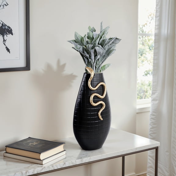 Teardrop Aluminum Vase for Living Room Decor - Modern Flower Vase with Textured Design for Office Table Centerpiece - Snake Detail Accent for Room or Bedroom Display - 21", Black & Gold