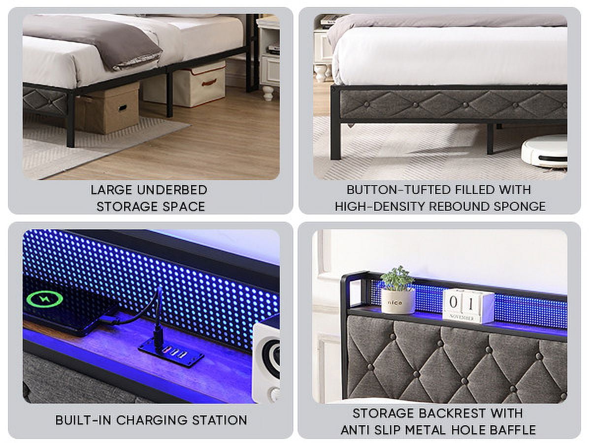 King Size Bed Frame with LED Lights, Charging Station and Storage Headboard, Upholstered Platform Bed Frame with Heavy Metal Slats, No Box Spring Needed, Noise Free, Easy Assembly, Dark Gray