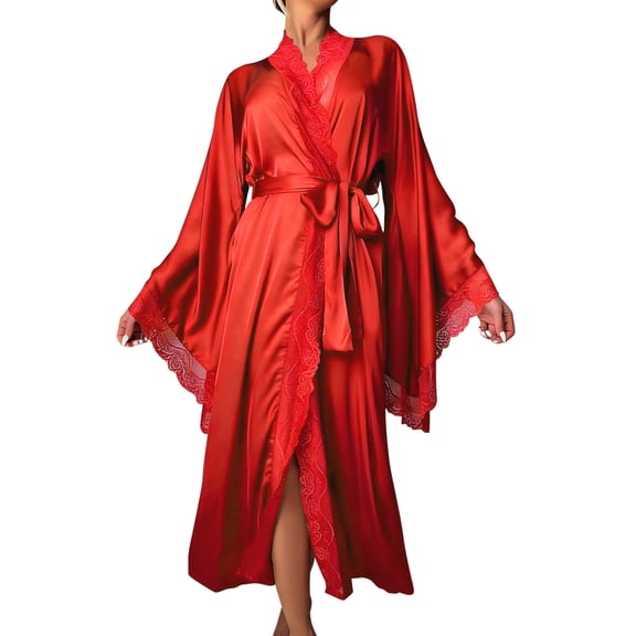 Arlun Silk Long Robes for Women Satin Lace-Trim Long Sleeve Bride Wedding-Night Bridal Bridesmaid Kimono Robes Lightweight Soft Comfortable Solid Color Wrap Sleepwear Red S
